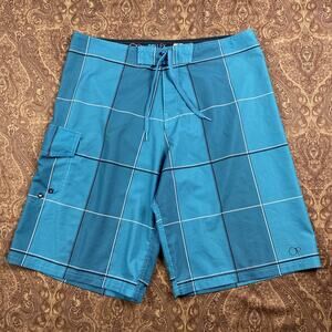 OP‎ Flex 4 Way Stretch Mens 34 Swim Trunks Board Shorts BLK Blue Gray Cargo